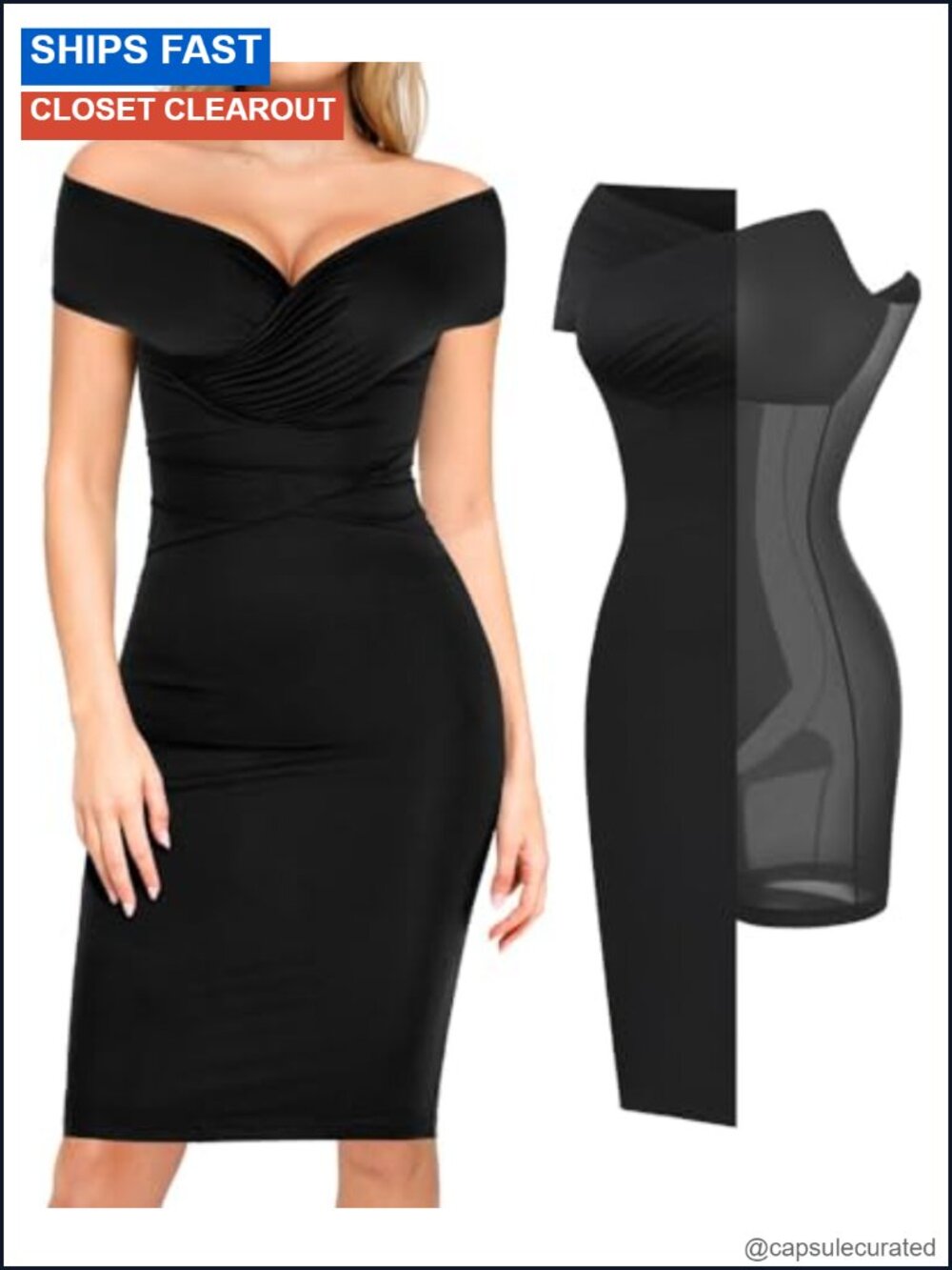 Shapewear Midi Dress Off Shoulder Wrap V Neck Bodycon Cocktail